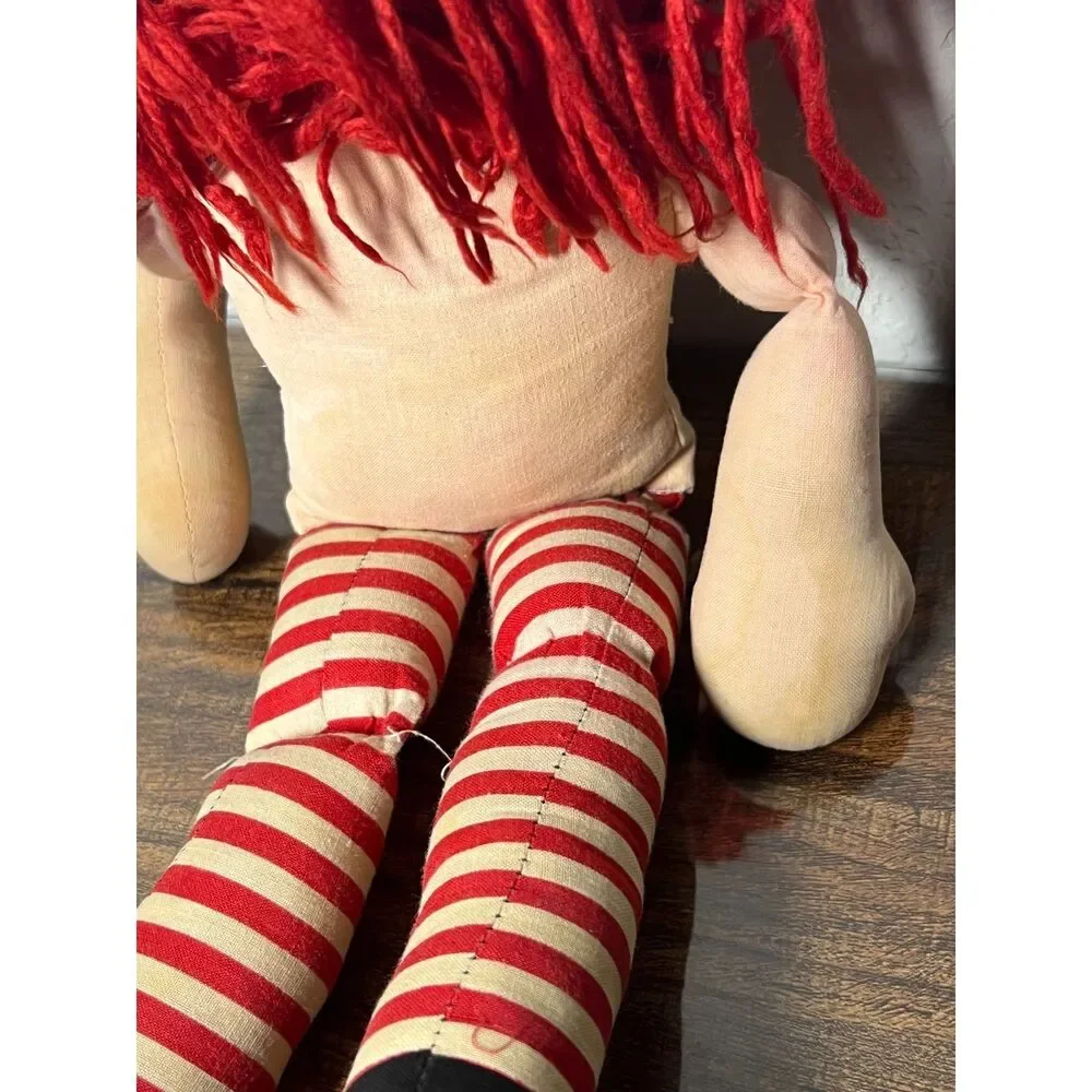 Vintage Raggedy Ann Doll Printed Face Heart Red Yarn Hair Striped Legs 1950s–70s